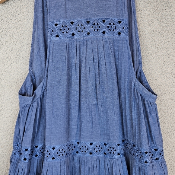 Free People Womens Tunic Sz S Blue Eyelet Trim Button Front Boho Beachy Vacation - Picture 11 of 13
